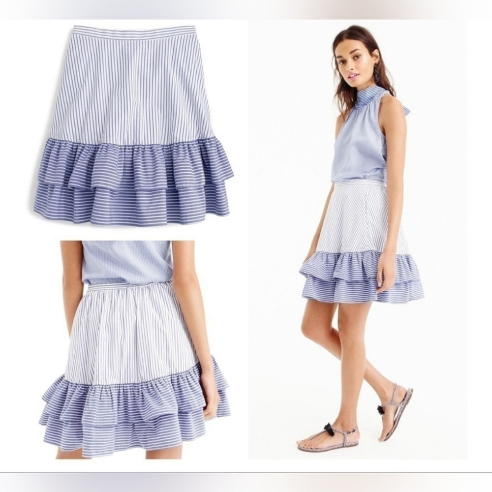 NWT. J Crew Blue & White Stripe Tiered Ruffle Skirt - Size 10.